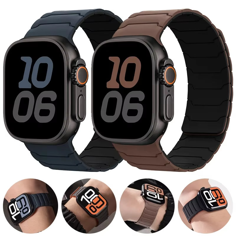 Close-up of men's black magnetic silicone smartwatch strap, highlighting secure clasp & smooth texture.