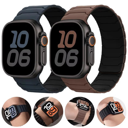 Close-up of men's black magnetic silicone smartwatch strap, highlighting secure clasp & smooth texture.