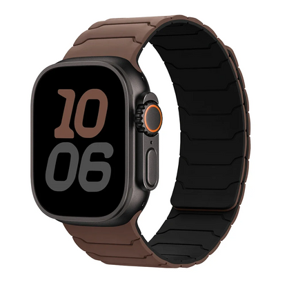 Modern men's magnetic silicone smartwatch strap; combining style with sweat-resistant functionality for active use.