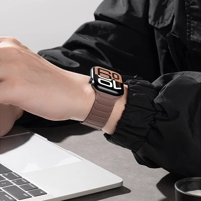 Easy-adjust men's magnetic silicone smartwatch strap; comfortable, durable, and secure for everyday wear.