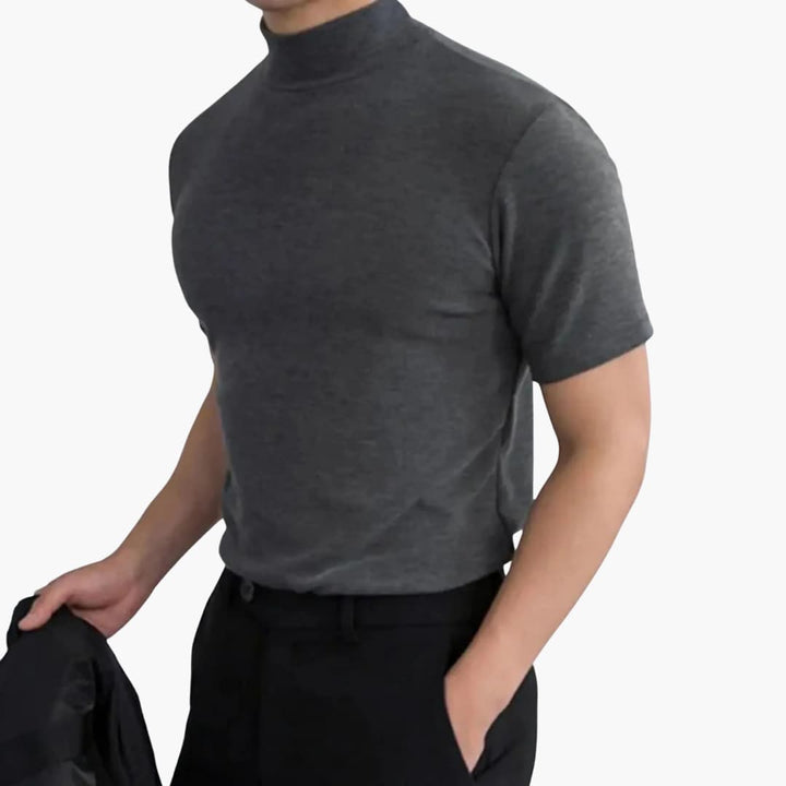 Men's black mock neck slim fit short sleeve t-shirt, ideal for modern casual wear & layering, everyday comfort.