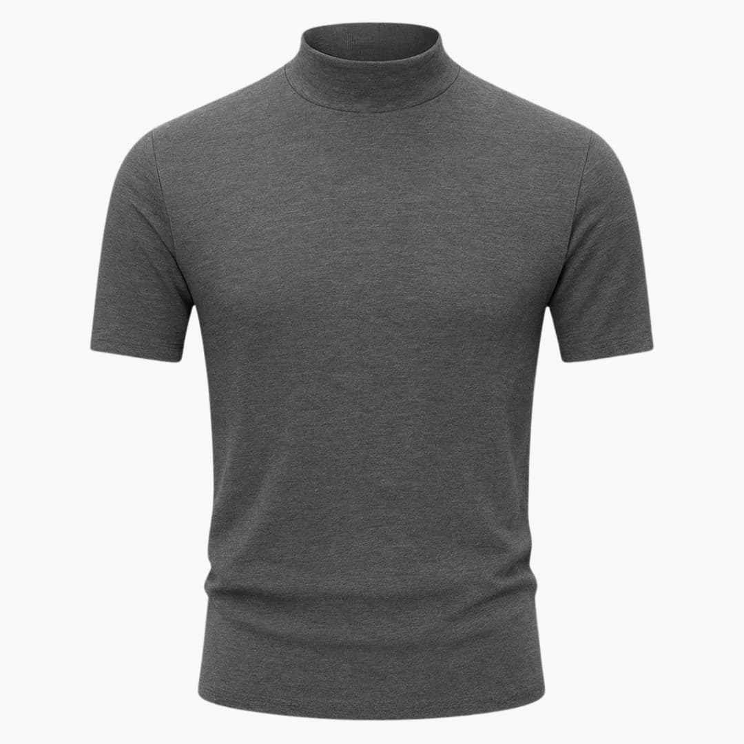 Stylish men's slim fit short sleeve mock neck tee, a structured top for modern men's fashion & versatile wear.