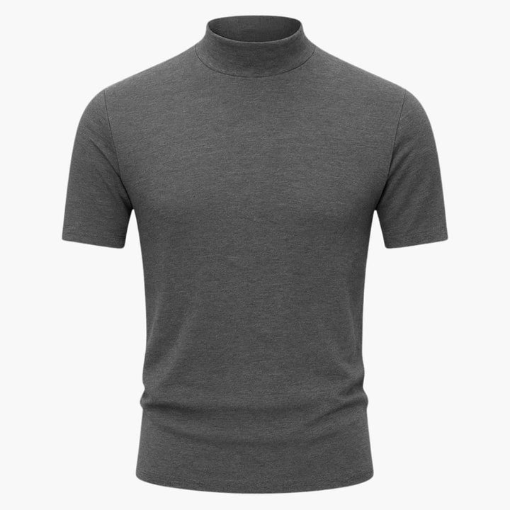 Stylish men's slim fit short sleeve mock neck tee, a structured top for modern men's fashion & versatile wear.