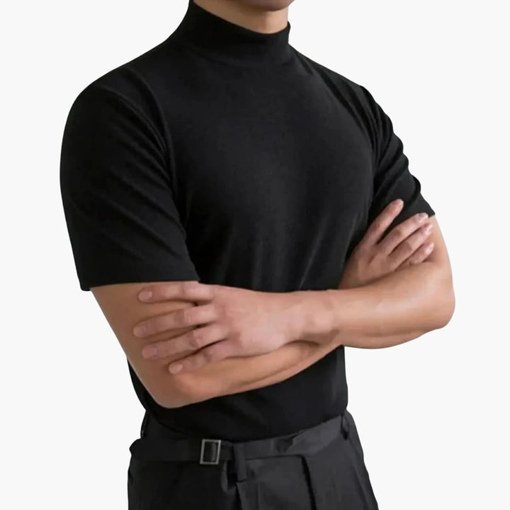 Comfortable men's mock neck short sleeve t-shirt, designed with a slim fit for a modern, everyday structured look.