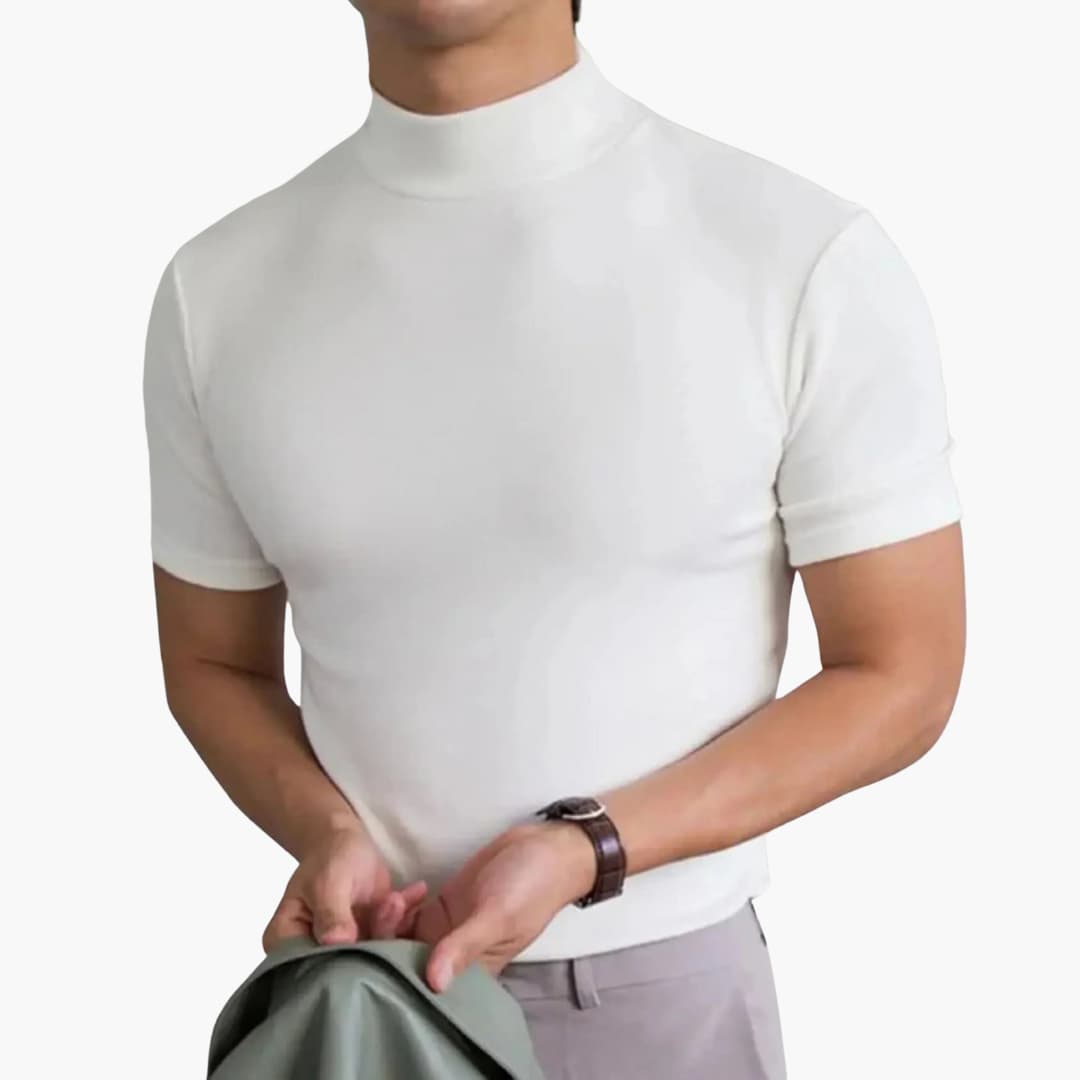 Versatile men's short sleeve mock neck t-shirt, a slim fit layering tee perfect for modern casual & everyday wear.