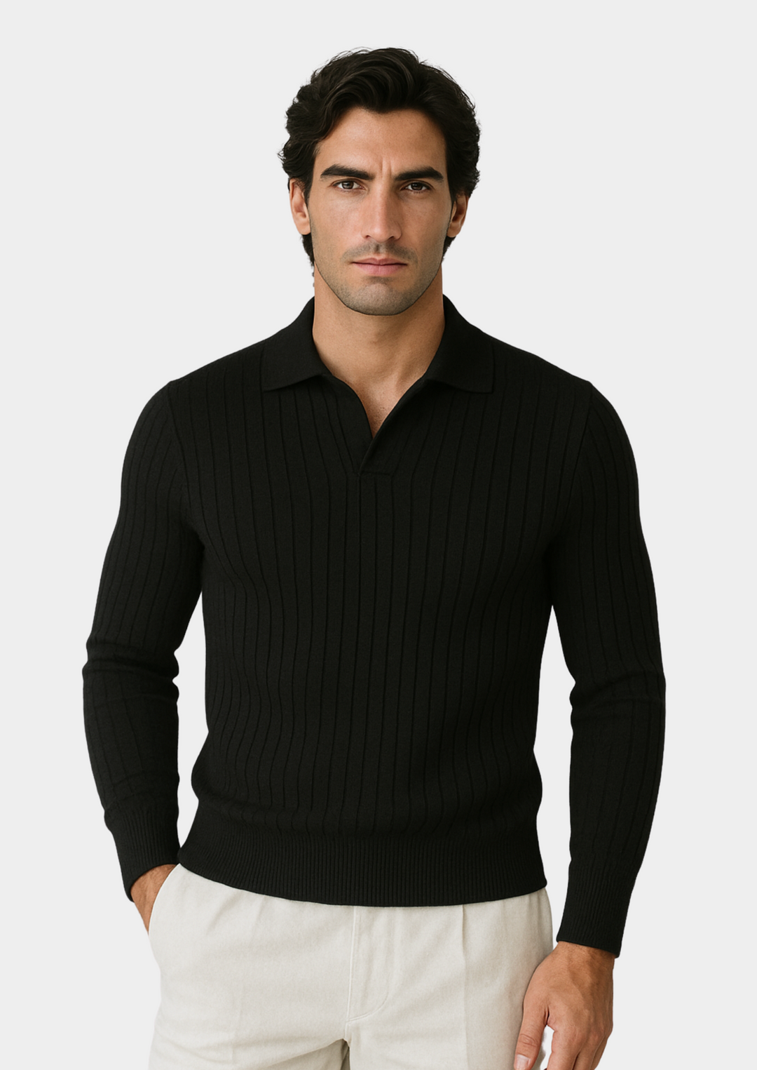 Men's black open collar polo sweater, a stylish and versatile smart casual top for modern menswear.