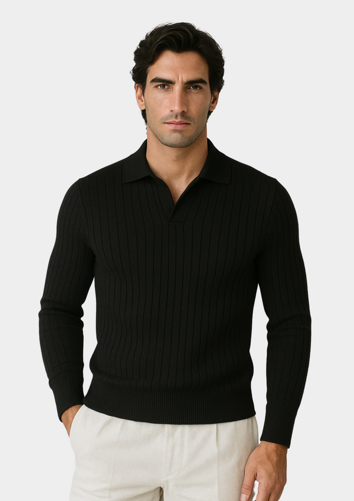 Men's black open collar polo sweater, a stylish and versatile smart casual top for modern menswear.