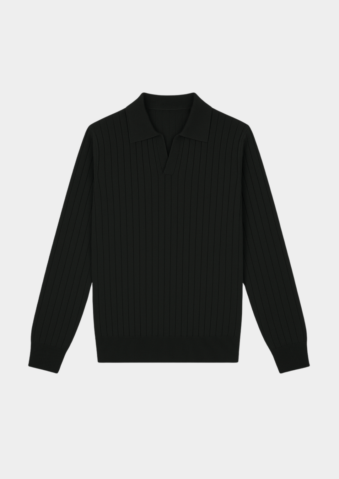 Close-up of a men's black knit polo sweater with an open collar, perfect for smart casual outfits.