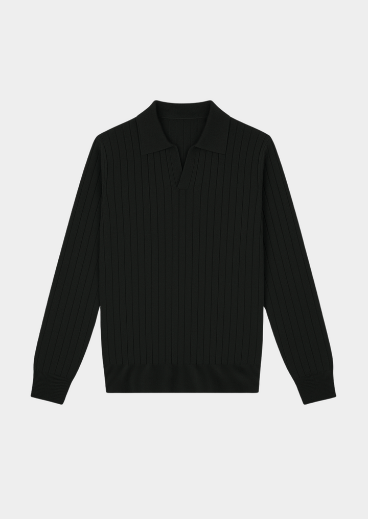 Close-up of a men's black knit polo sweater with an open collar, perfect for smart casual outfits.