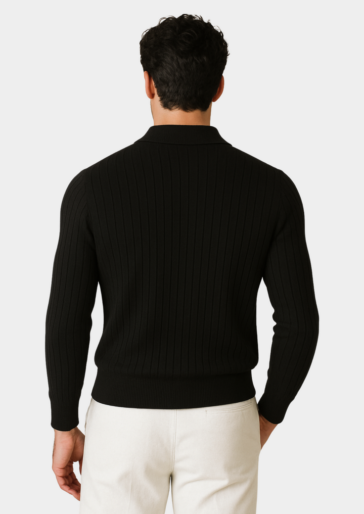 Stylish men's black polo sweater, featuring a modern open collar design, ideal for versatile casual wear.