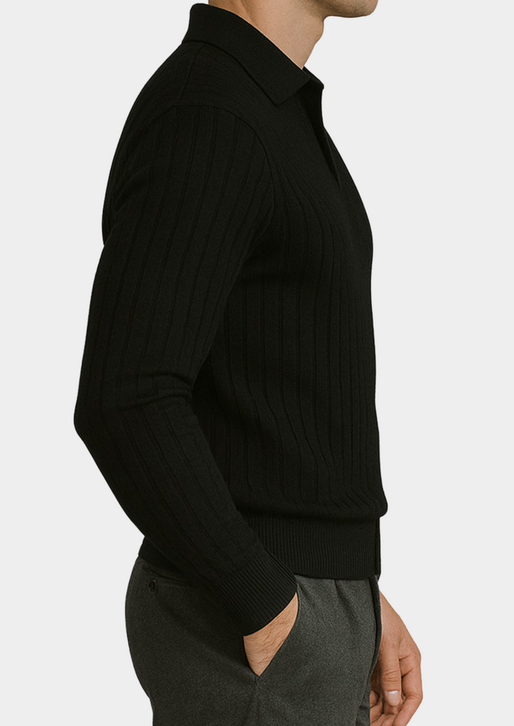 Smart casual men's black sweater: an open collar polo knit top for contemporary menswear fashion.