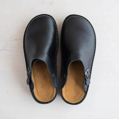 Men's black orthopedic leather slippers, arch support for foot pain relief & comfort.