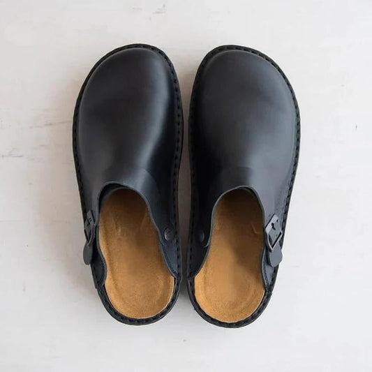Men's black orthopedic leather slippers, arch support for foot pain relief & comfort.