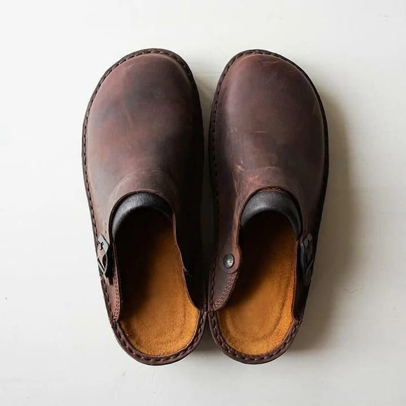 Genuine leather men's brown house shoes with comfortable orthotics & foot support.