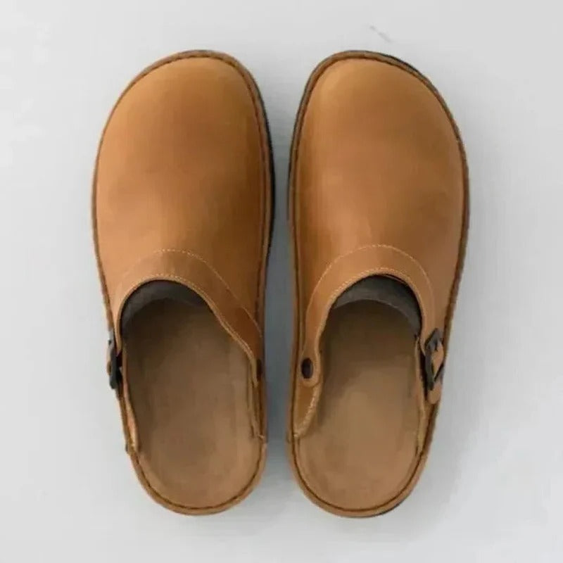Tan men's orthopedic slippers with removable insole for custom arch support & foot pain relief.