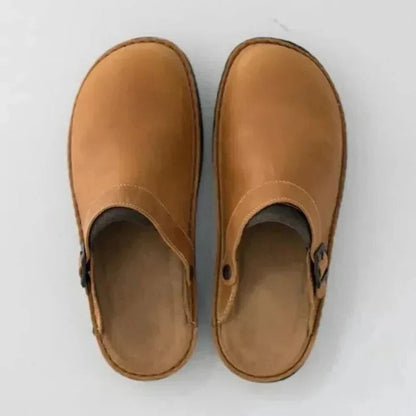 Tan men's orthopedic slippers with removable insole for custom arch support & foot pain relief.