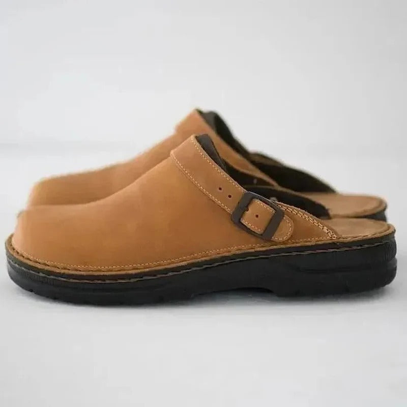 Brown men's orthopedic house shoes, designed for ultimate foot support and all-day pain relief.