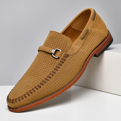 Men's black perforated slip-on loafers, comfortable & breathable for everyday wear.