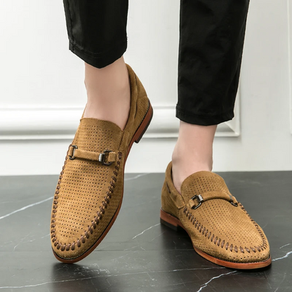 Stylish men's casual loafers, black, perforated for maximum breathability.