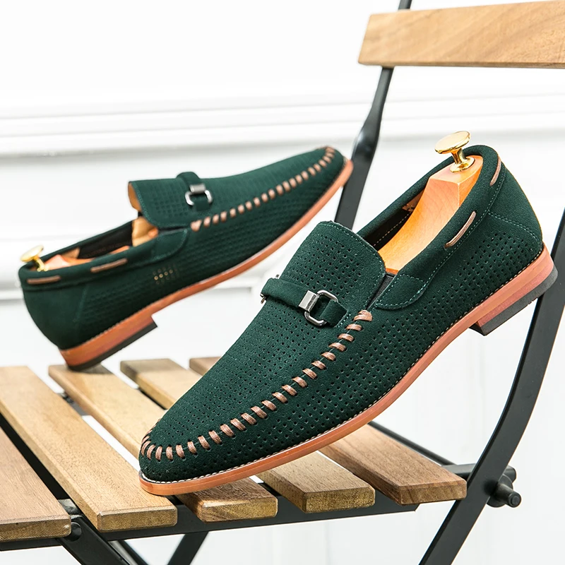 Comfortable tan men's slip-on loafers, perforated design for a cool feel.