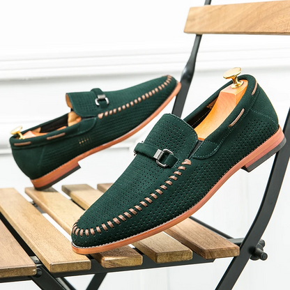 Comfortable tan men's slip-on loafers, perforated design for a cool feel.