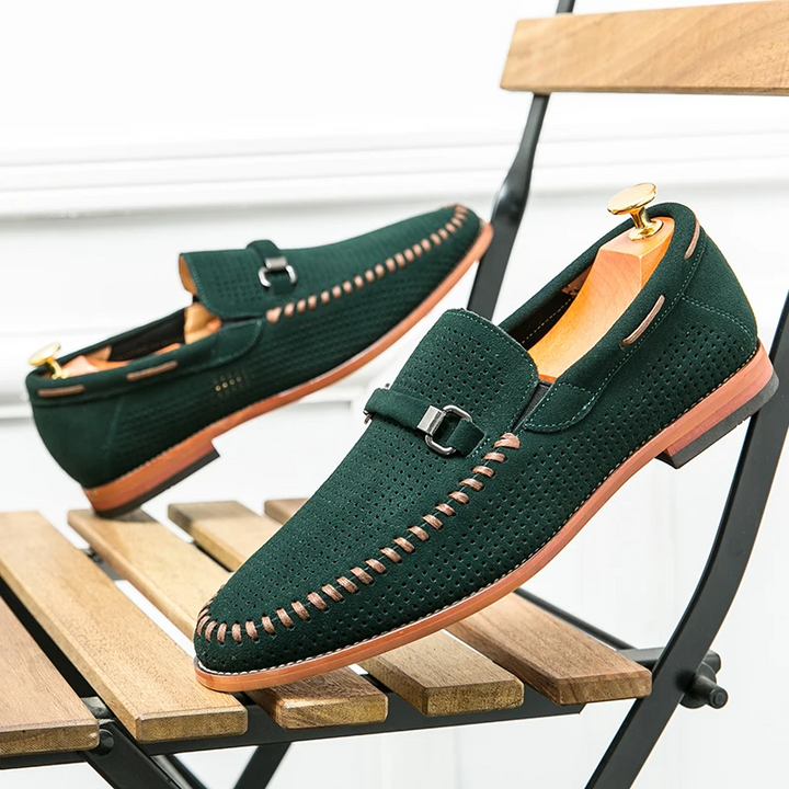 Comfortable tan men's slip-on loafers, perforated design for a cool feel.