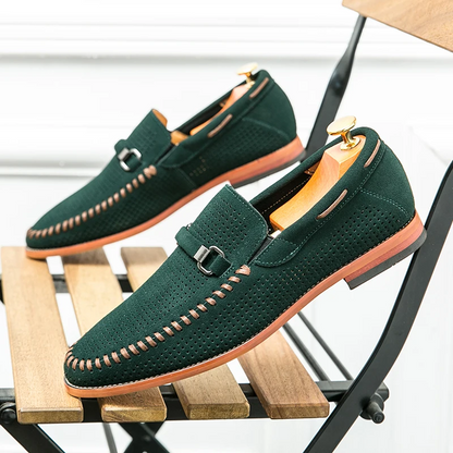 Men's casual black perforated loafers, easy to wear, offering breathable comfort.