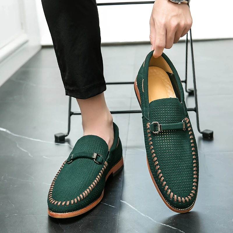 Men's casual perforated loafers, black, providing excellent breathability.