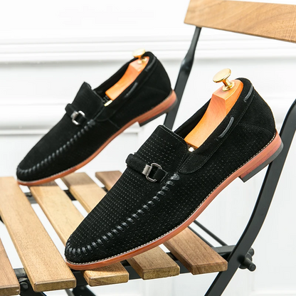 Breathable casual men's loafers, navy, perforated design for all-day comfort.