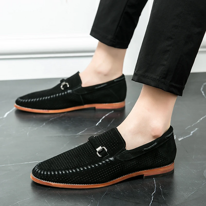 Men's versatile dress loafers, black, perforated for both style and comfort.