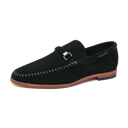 Breathable men's dress shoes, perforated slip-on loafers, versatile for modern man.