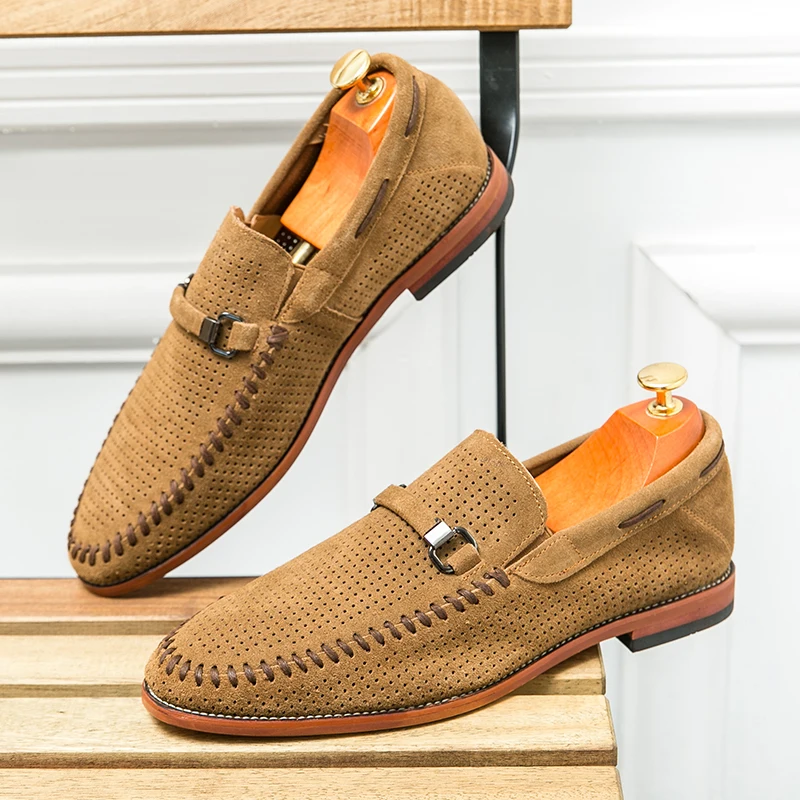 Versatile tan men's loafers, comfortable and breathable, perfect for everyday use.