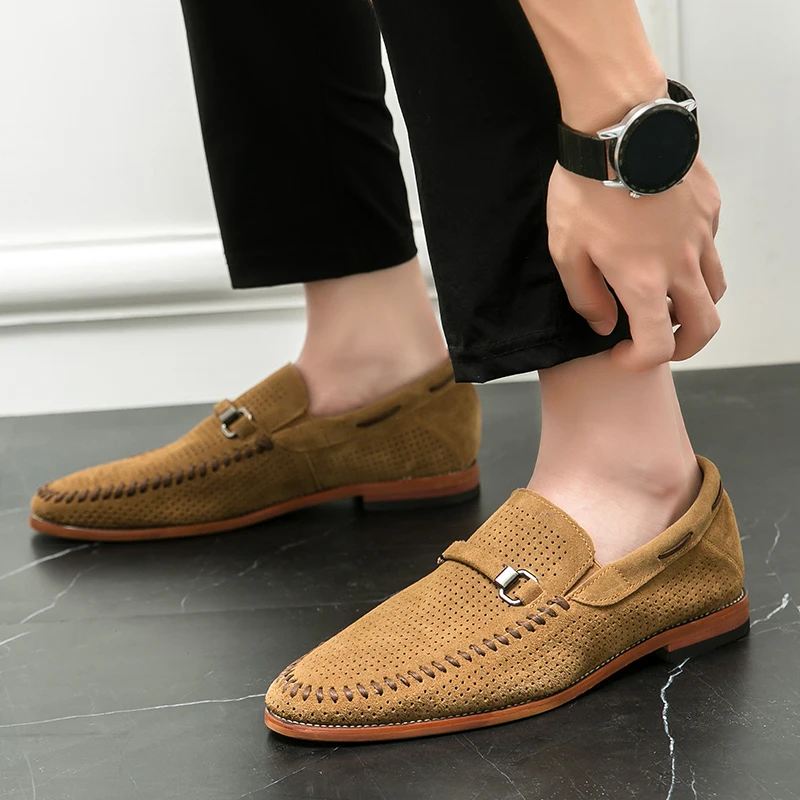 Comfortable men's dress shoes, perforated design, versatile slip-on loafers.