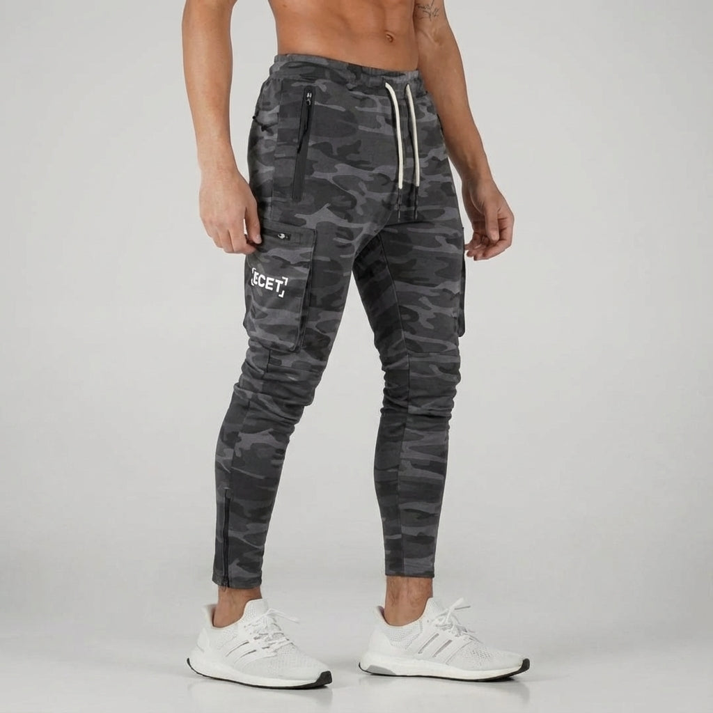 Men's camouflage athletic pants, tapered fit joggers with zip pockets. Ideal for urban style & training.