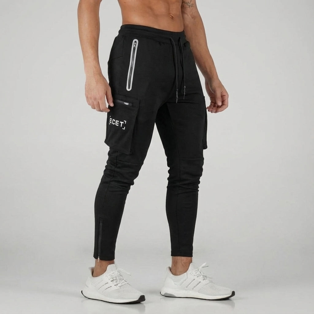 Durable men's sportswear jogging trousers. Activewear with zip pockets, drawstring waist for comfort.