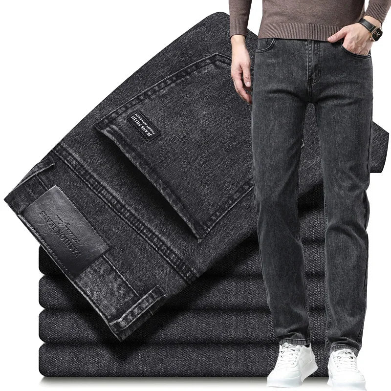 Men's black premium straight-leg denim jeans. Modern casual stretch cotton jeans for everyday wear.