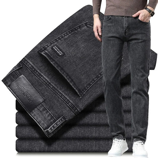 Men's black premium straight-leg denim jeans. Modern casual stretch cotton jeans for everyday wear.