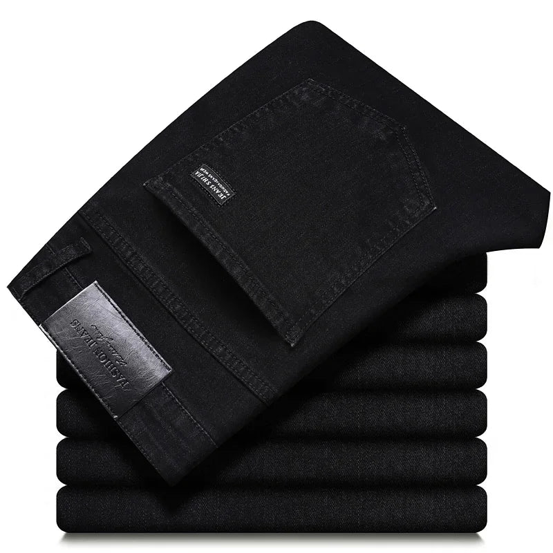 Classic black men's denim jeans, straight-leg fit. Premium cotton blend ensures comfort and modern appeal.