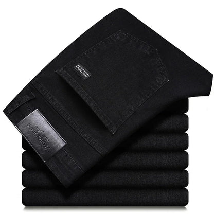 Classic black men's denim jeans, straight-leg fit. Premium cotton blend ensures comfort and modern appeal.