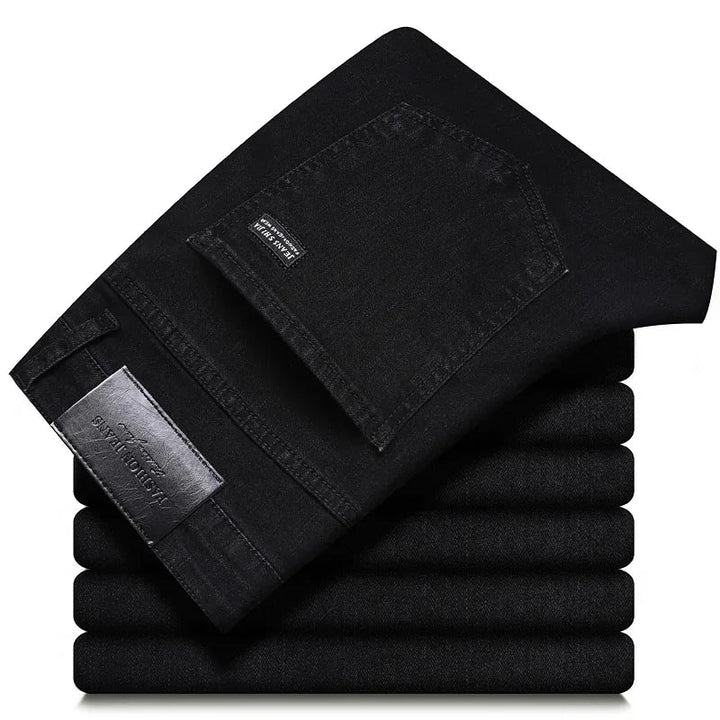 Classic black men's denim jeans, straight-leg fit. Premium cotton blend ensures comfort and modern appeal.