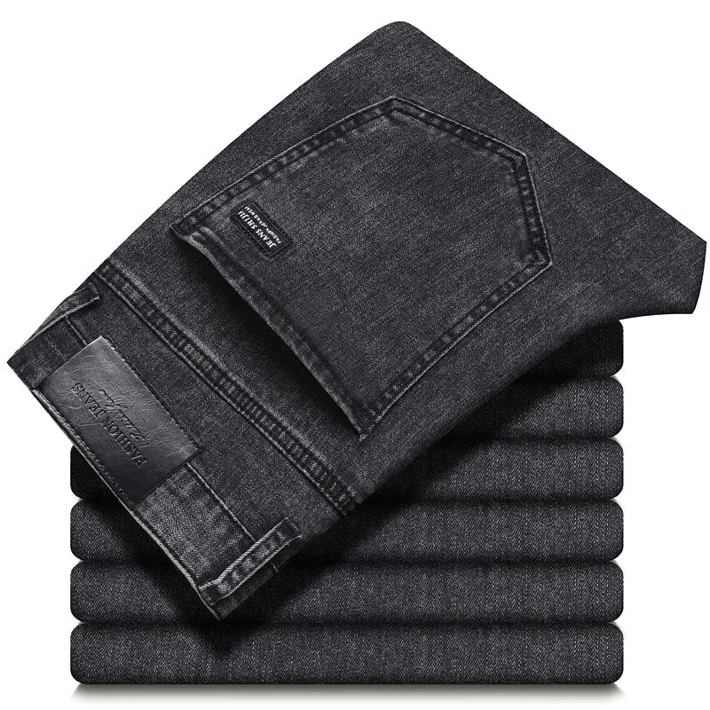 Durable gray straight-leg men's jeans. Premium stretch denim for ultimate comfort and casual elegance.