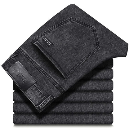 Durable gray straight-leg men's jeans. Premium stretch denim for ultimate comfort and casual elegance.