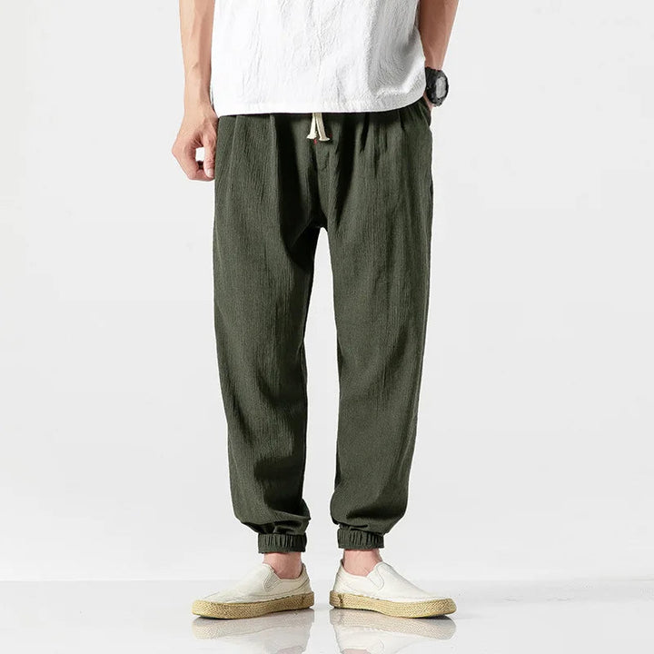 Back view of men's relaxed fit tapered joggers, emphasizing comfort, casual style & versatile design.