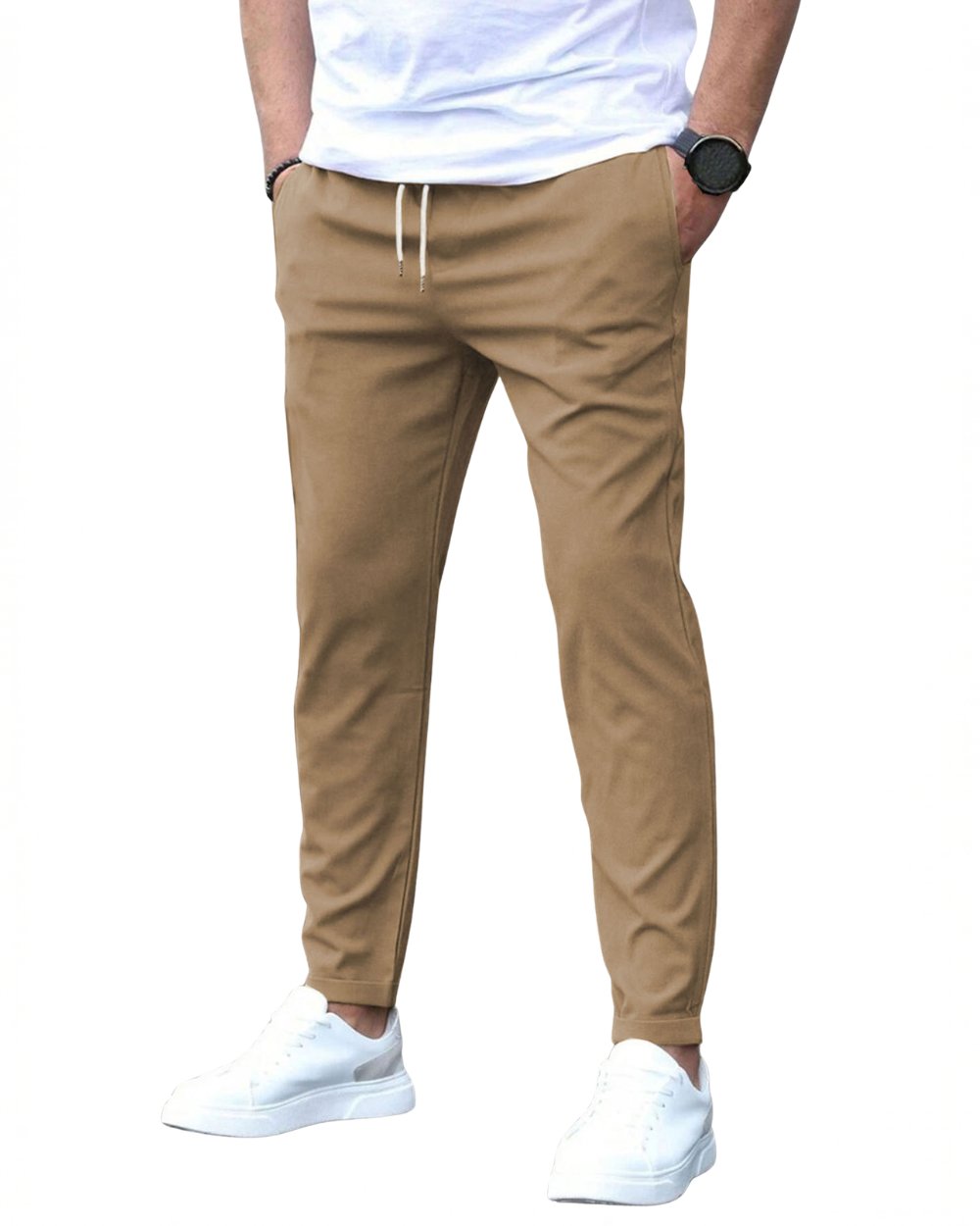 Blue men's casual drawstring chino pants, versatile stretch fabric for comfort & modern style.
