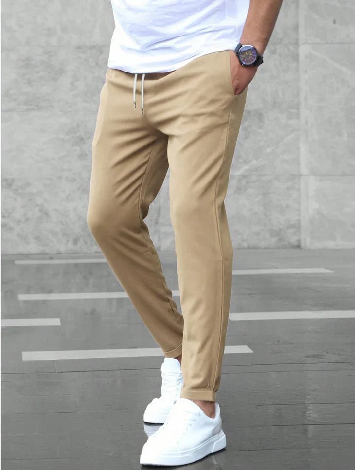 Everyday men's slim fit drawstring chino pants, stretch material for casual comfort & versatile style.