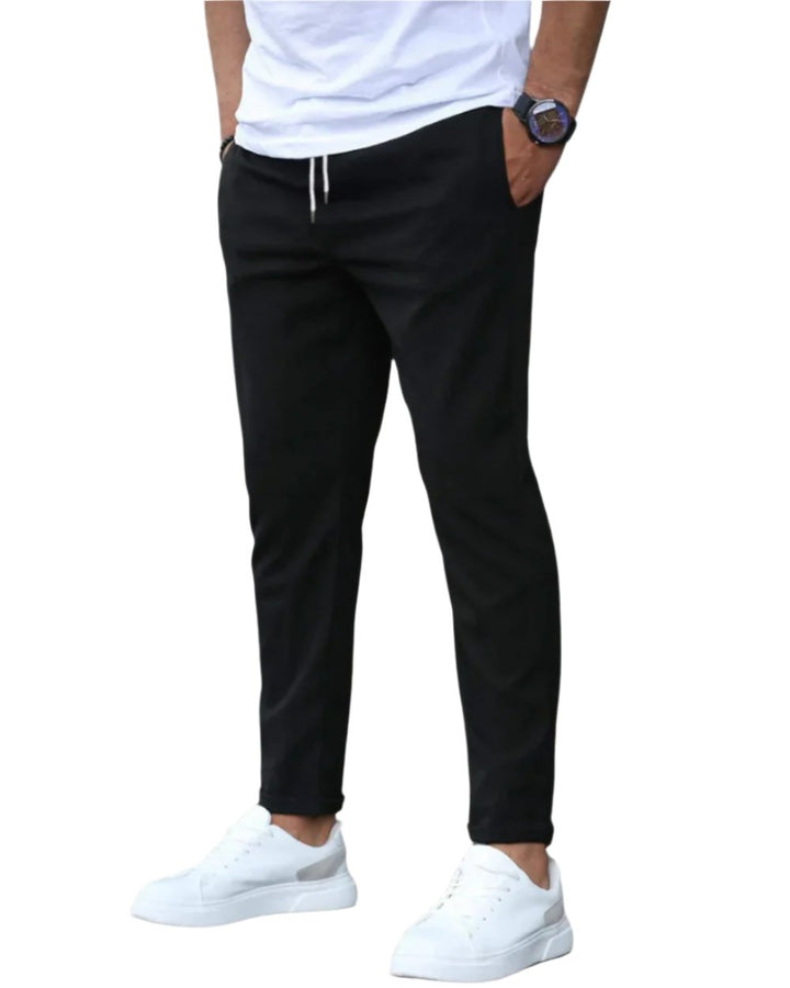 Gray men's casual drawstring chino pants, versatile slim fit for everyday comfort & modern style.