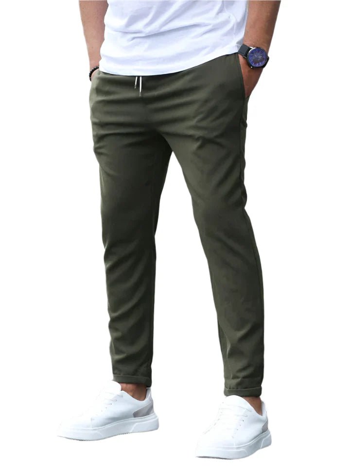Khaki men's modern drawstring chino pants, stretch fabric & slim fit for casual everyday comfort.