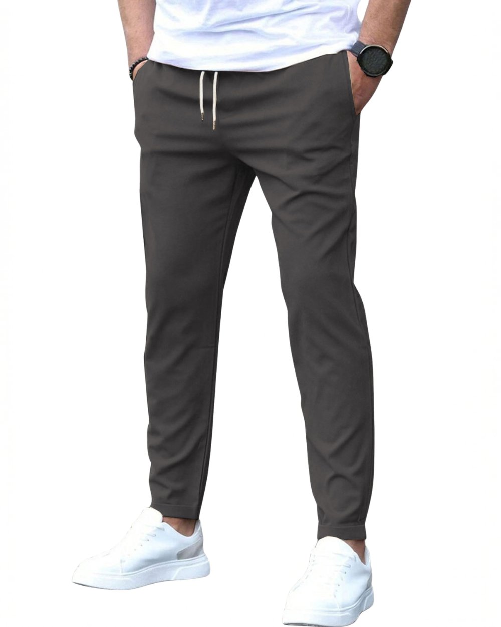 Comfortable men's slim fit drawstring chino pants, stretch fabric for casual everyday style.