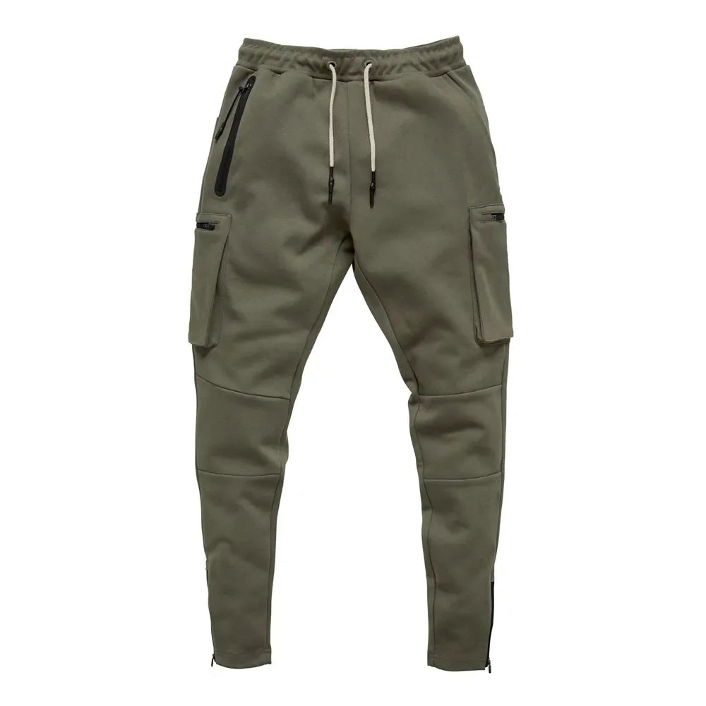 Khaki men's athletic joggers, utility pockets, stretch, perfect for gym & outdoor training.