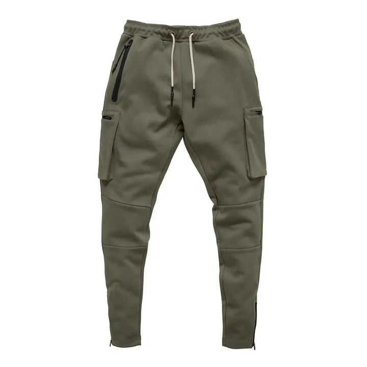 Khaki men's athletic joggers, utility pockets, stretch, perfect for gym & outdoor training.